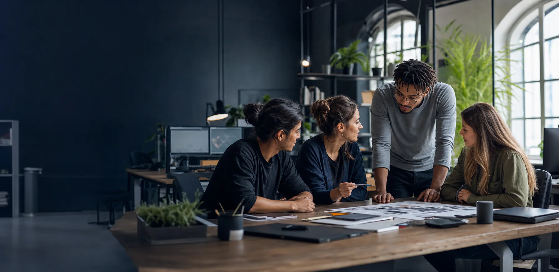 Employer-brand visual of an international digital team collaborating